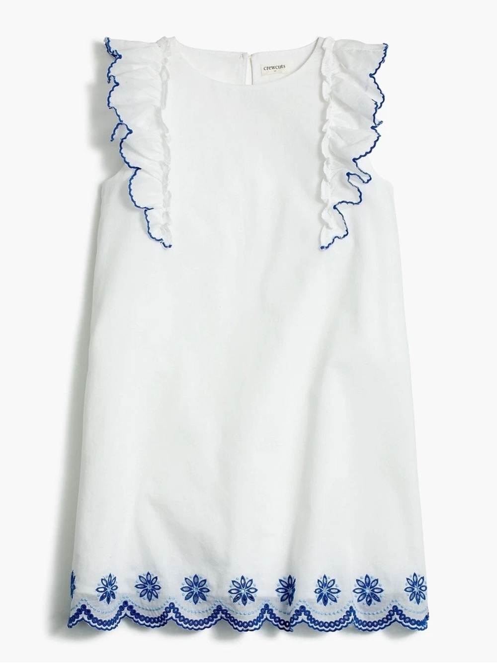 J Crew Crewcuts NWT Girls 10 White Blue Embroidered Ruffle Shift Dress Cotton